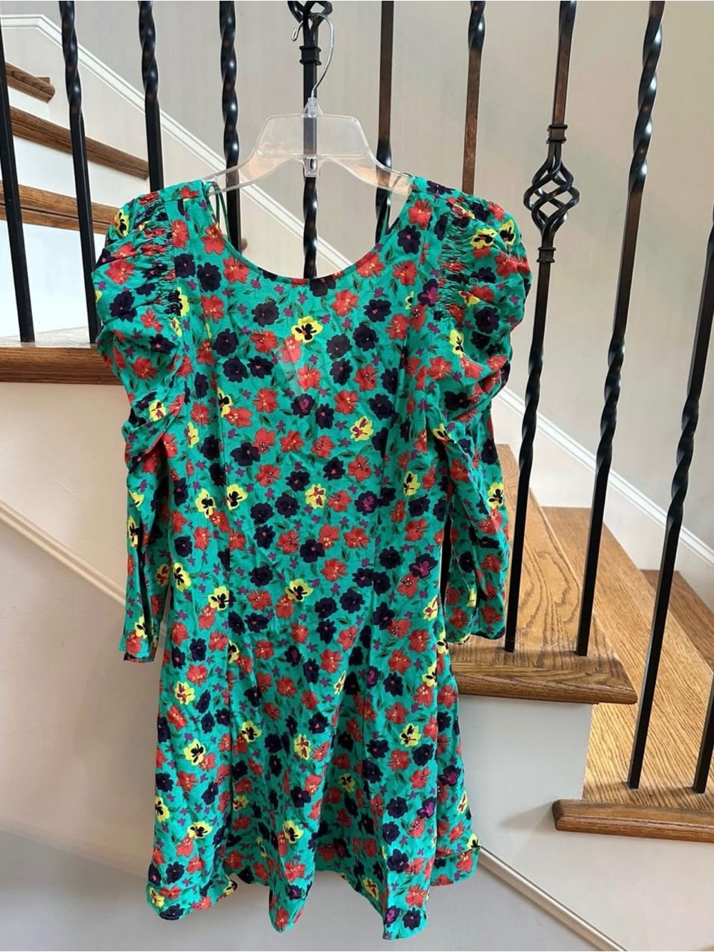 Zara Teal Green Floral Puff-Sleeve Dress